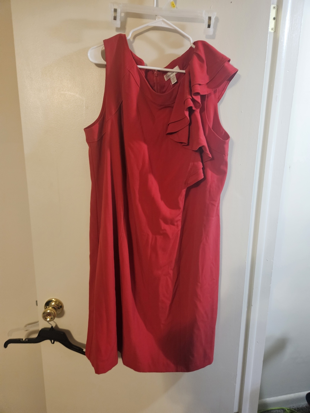 dressbarn Red Sleeveless Midi Dress with Ruffle Shoulder